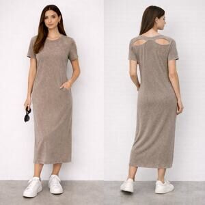 IRO Jeans Tanja T-Shirt Midi Dress Tea Acid Wash Cut Out XS Casual Beige